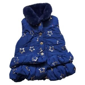 Tommy Hilfiger‎ Puffer Vest Faux Fur Collar Gold Stars Ruffle Hem Baby Girl 12M
